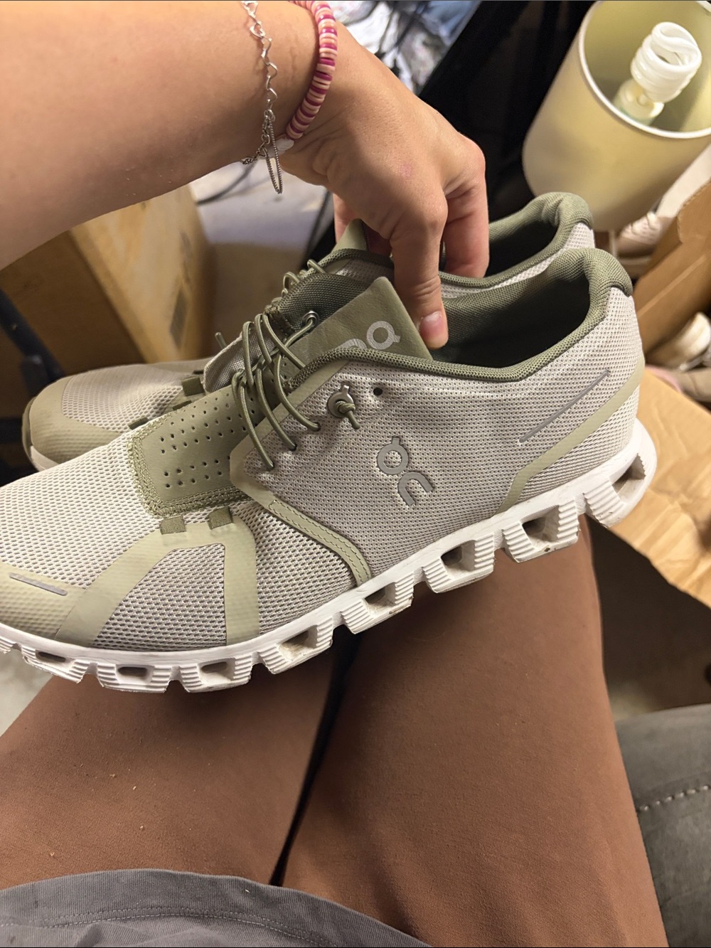 On Running Men's Athletic Shoes in Olive Green and White